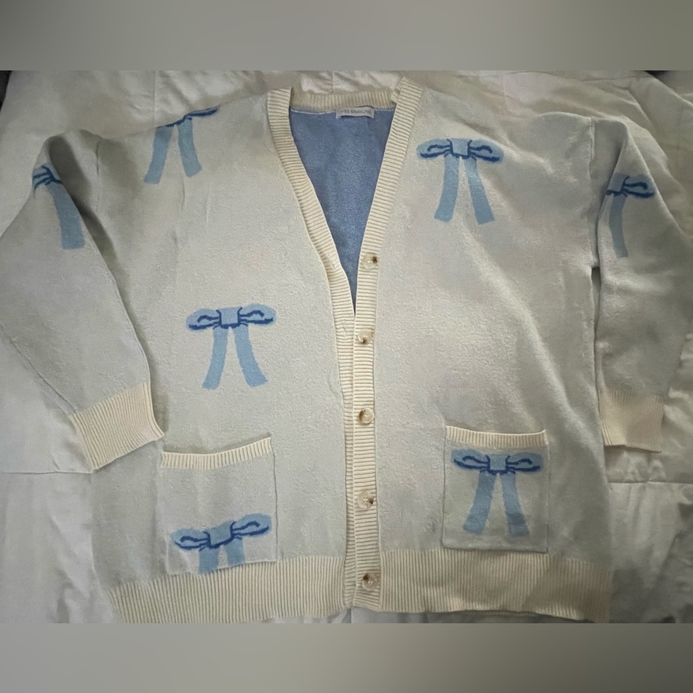 Miss Sparkling oversized blue bow cardigan